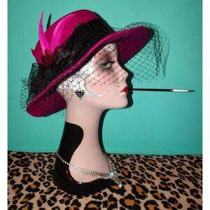 Vintage Fuchsia Wool Church Hat w/ Veil and Feathers Kentucky Derby pinup retro